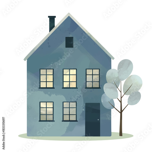 Watercolor blue house. Cute childish building and tree. Hand drawn cozy european home. Nordic scandinavian homes