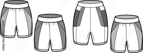 Flat sketches of athletic shorts with color block paneling and elastic waistband sportswear clothing