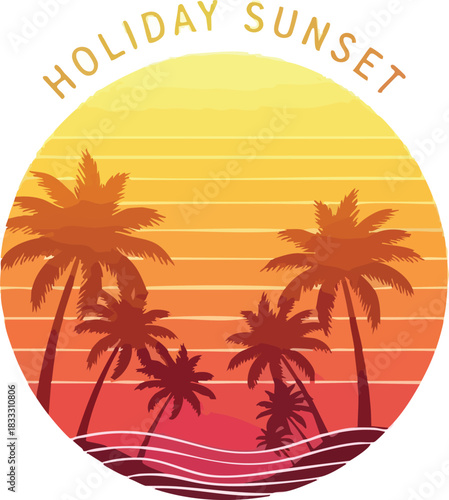 Tropical Holiday Sunset Illustration with Palm Trees Silhouette and Gradient Sky