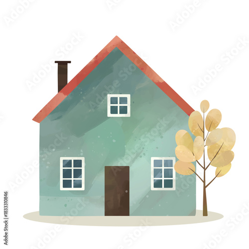 Watercolor house. Cute childish building and yellow tree. Hand drawn cozy european home. Nordic scandinavian homes