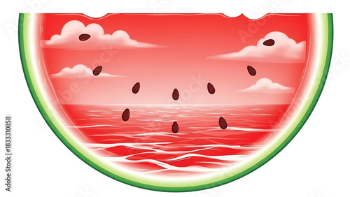 A whimsical watermelon slice reveals a refreshing dreamlike summer scene.