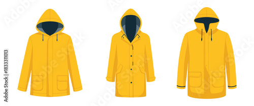 Yellow Raincoat Vector Illustration Set Featuring Autumn Outerwear Designs, Protective Waterproof Clothing Elements, Seasonal Rain Gear Icons, and Clean Modern Graphics for Weather-Themed Projects