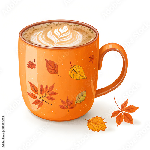 Cup of Coffee with Cream and Autumn Leaves on White Background.