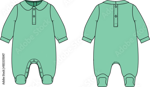 Mint Green Baby Footed Romper or Sleepsuit Flat Technical Sketch Vector Illustration Front and Back View with Peter Pan Collar, Snap Fasteners, and Long Sleeves, Fashion CAD