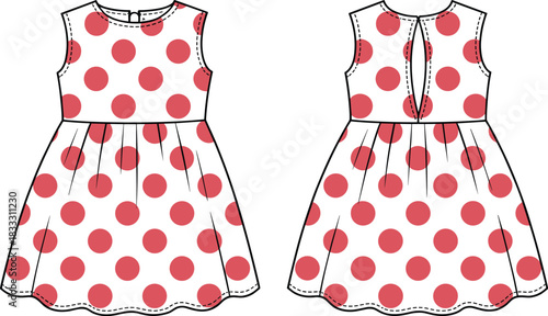 Front and back view of a sleeveless polka dot dress with a keyhole neckline fashion clothing