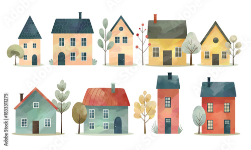 Set of watercolor scandinavian houses with trees. Cute childish buildings. Cozy village mood. Nordic homes