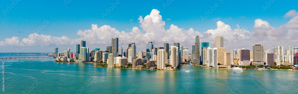 Fototapeta premium Aerial view of Brickell skyline. Panoramic cityscape of Brickell Miami. Skyscrapers of Brickell. Business towers in Miami.