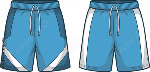 Front and back view of blue athletic shorts with white side stripes and drawstring fashion clothing
