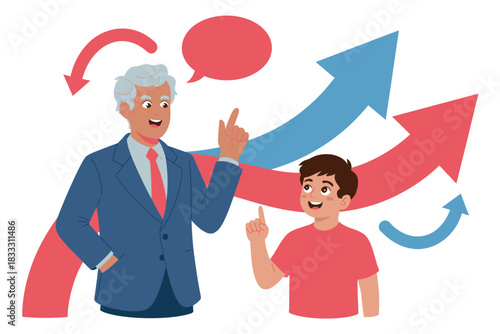 An older man and a boy are pointing upwards with upward arrows indicating growth and discussion.
