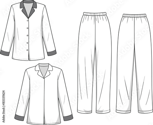 Pajama set with button-up shirt and elastic waist pants front and back pajamas sleepwear