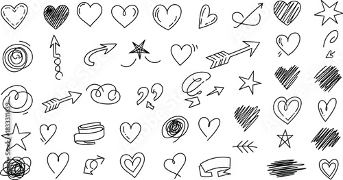 Collection of hand drawn doodles featuring hearts stars and various abstract shapes