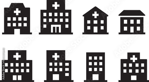 Hospital building icon set. Hospital and healthcare silhouette. Icon symbol of hospital building, healthcare, clinic.
