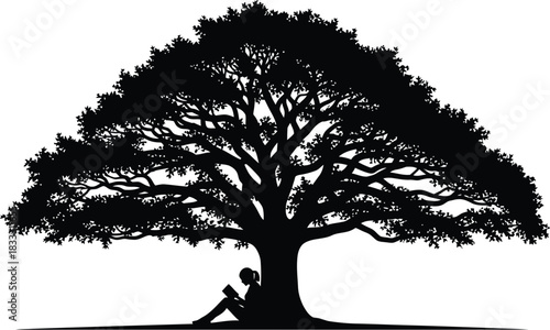 A solitary figure rests beneath the expansive branches of a large tree