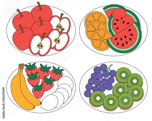 Four plates are filled with various fruits, including apples, oranges, watermelon, bananas, strawberries, grapes, and kiwi.