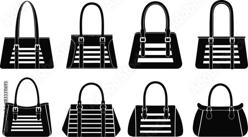 Collection of stylish black and white handbag designs in various shapes