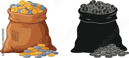 Illustration of two overflowing bags of gold and silver coins with spills