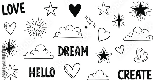 Black and white doodle style illustration with stars hearts and inspirational words