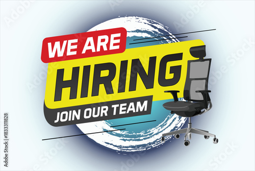 Hiring recruHiring recruitment design for banner poster. We are hiring join our now lettering with chair icon logo sign Vector illustration typographic. Open vacancy template

