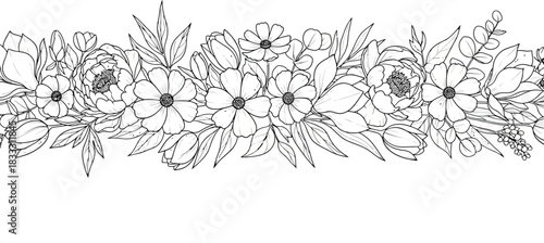 A delicate floral border illustration featuring various blooming wildflowers and leaves