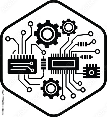 Hexagonal icon displaying internal circuitry and mechanical gear components