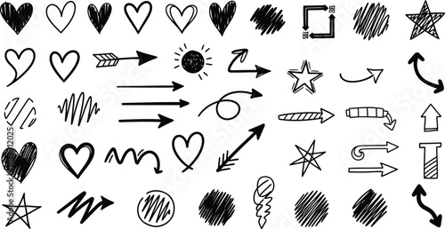 Collection of hand drawn doodle elements hearts stars arrows and abstract shapes
