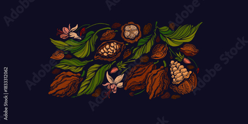 Cocoa plant, beans, leaves. Chocolate fruit pods