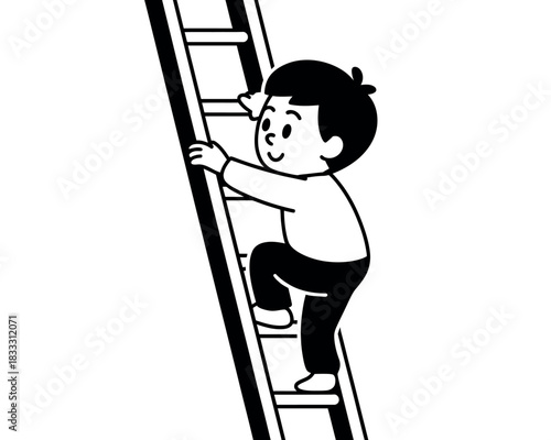 A young boy happily climbs a ladder towards an unseen goal.