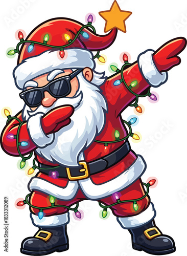 Cool Santa Claus Dabbing Pose with Christmas Lights – Funny Cartoon Holiday Vector Illustration