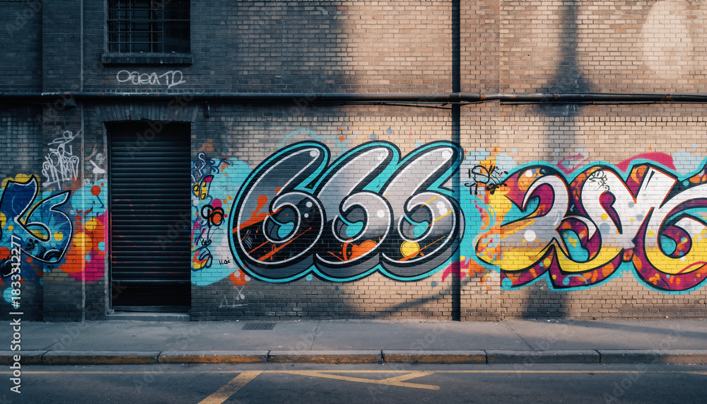 Fototapeta premium Street art graffiti ‘666 Wall Street’ on brick wall