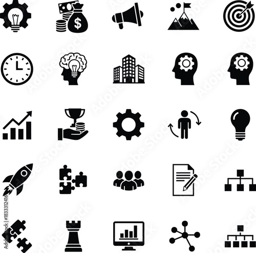 Business strategy icon set, productivity and innovation symbols, organizational development graphics, black and white design, flat vector illustration