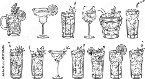 Cocktail glass icon set, drink vector illustration, black and white beverage design, garnished drinks collection, flat vector illustration
