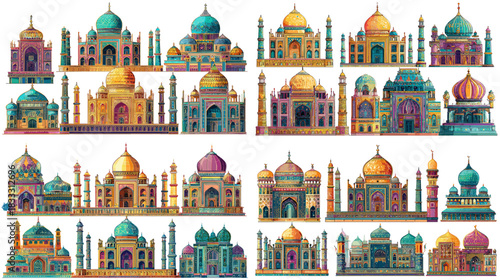 Vibrant illustrations of colorful mosque architecture featuring domes, arches, towers, and intricate patterns inspired by Islamic design and cultural architectural heritage.
