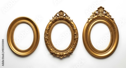 Three antique gold oval picture frames with varying levels of ornate detailing, isolated on white background