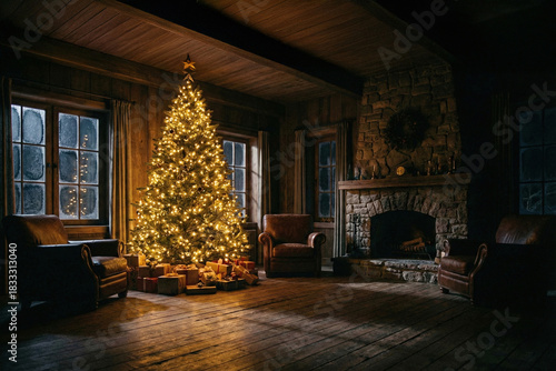 Cozy rustic cabin living room with a glowing Christmas tree and stone fireplace at night