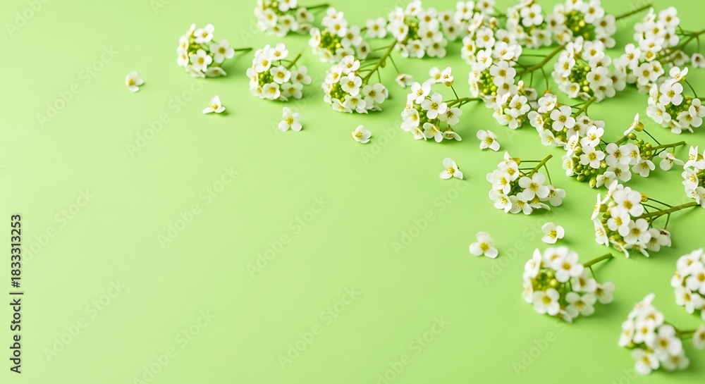 Fototapeta premium Delicate white spirea flowers scattered diagonally across a fresh, vibrant light green background, creating a spring border