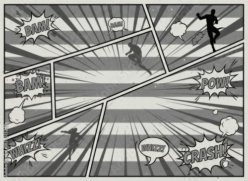 Dynamic Superhero Comic Panel Illustration with Speed Lines and Action Sound Effects, Black and White Retro Style