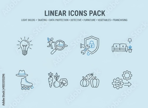 Diverse Linear Icon Collection: Light Bulbs, Skating, Data Protection, Detective Work, Furniture, Fresh Vegetables, and Franchising.