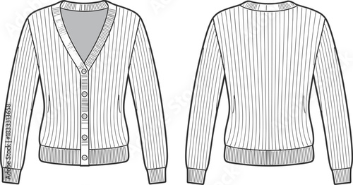 Ribbed cardigan sweater, fashion illustration, front and back view, technical sketch, knitwear design, apparel mockup, V-neck, buttoned, cozy texture