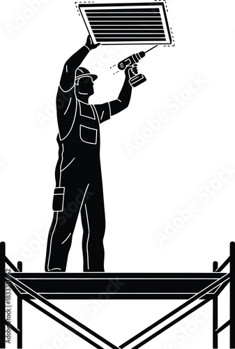 Worker silhouette installing ventilation grille on a wall