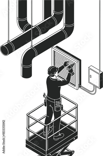Worker installing ventilation grille, isometric silhouette vector art