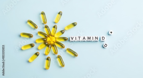 Vitamin d sun shape made of yellow oil capsules and letter beads spelling out the supplement name on a light blue background