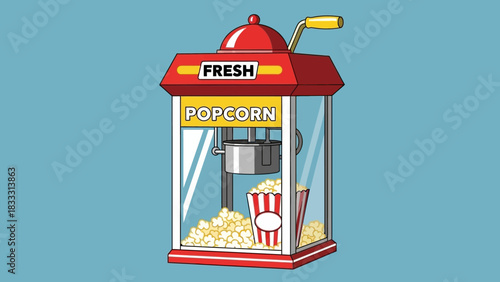 Fresh Popcorn Machine Illustration on Blue Background.