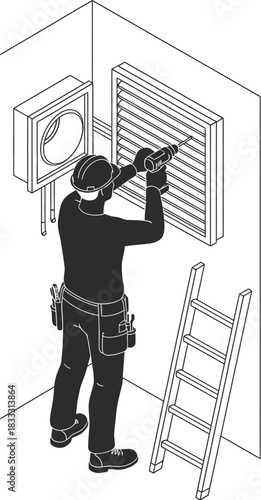 Worker installing ventilation grille, isometric silhouette vector art