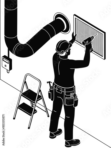 Worker installing ventilation grille, isometric silhouette vector art