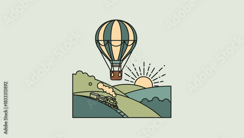 Hot air balloon over rolling hills at sunrise.