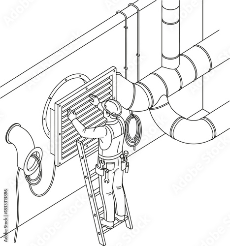 Worker installing ventilation grille, isometric silhouette vector art
