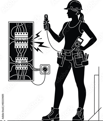 Electrician silhouette expertly renovating a house wall socket.