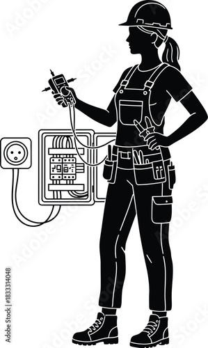 Electrician silhouette expertly renovating a house wall socket.