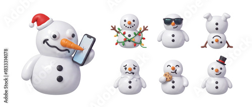 Little snowman cartoon emoji clipart set with cute funny faces transparent background for Christmas winter and festival