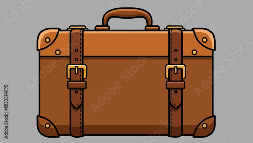 Vintage brown suitcase with leather straps and buckles.